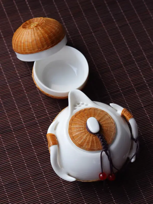 企鹅壶竹编茶具·非遗瓷胎竹编一壶两杯｜游伟技能大师工作室·邛崃平乐古镇手作